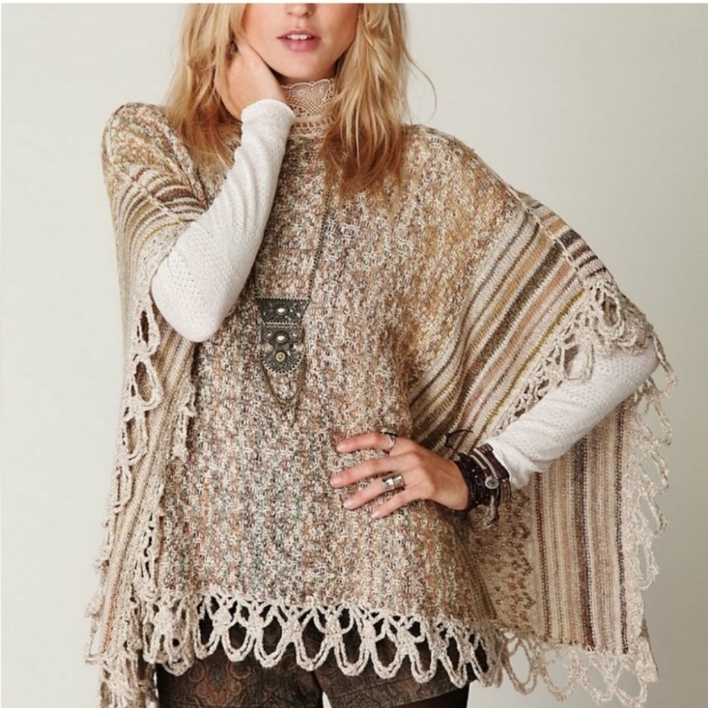 Free People Wool Silk Linen Blend Knit Casablanca Poncho M
